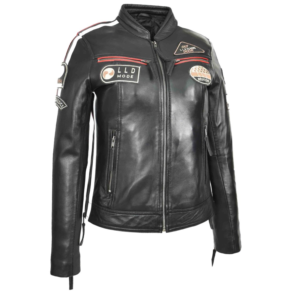 BUNERI Chaqueta Biker Cafe Racer de Cuero para Mujer con Insignias - Imagen 4