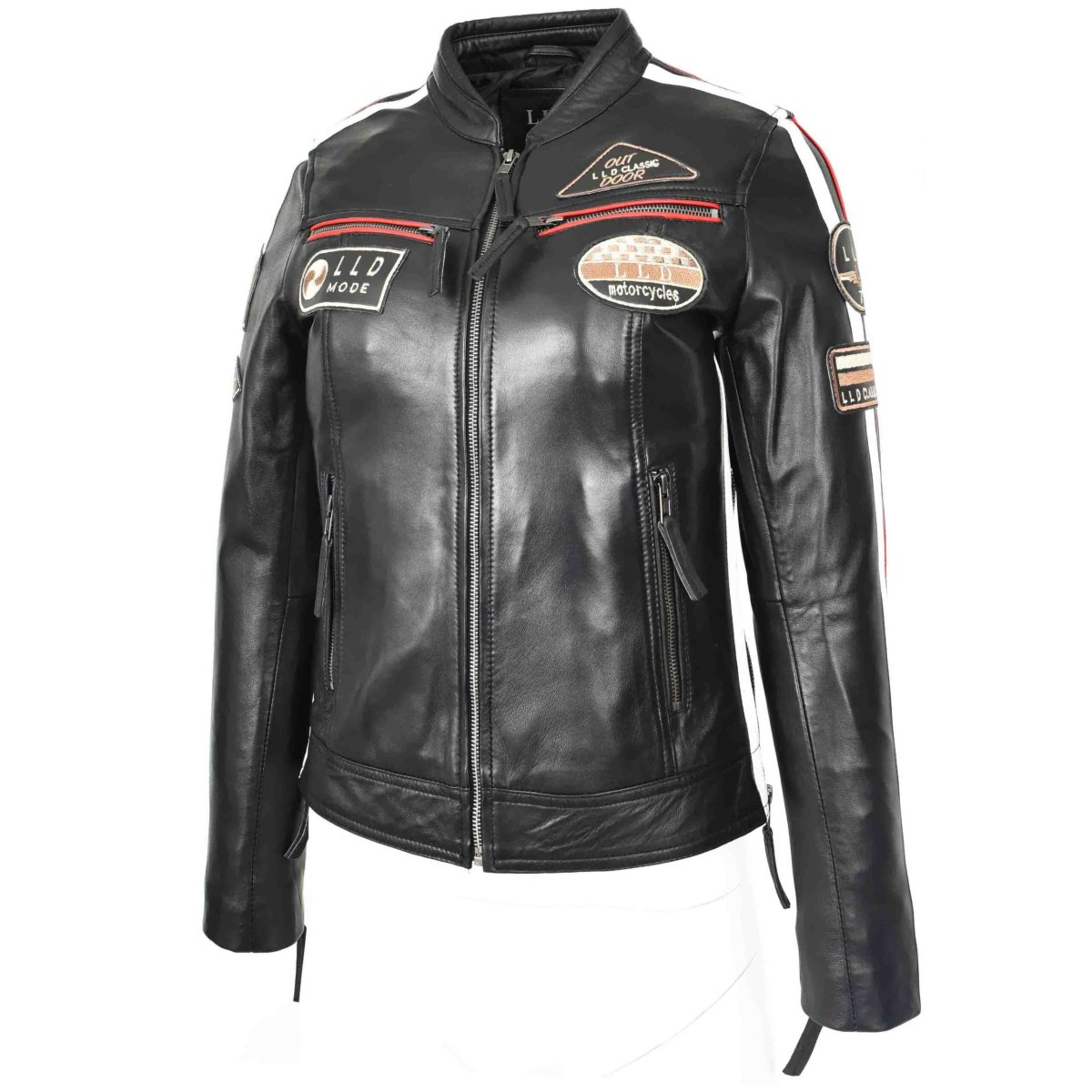 BUNERI Chaqueta Biker Cafe Racer de Cuero para Mujer con Insignias - Imagen 5