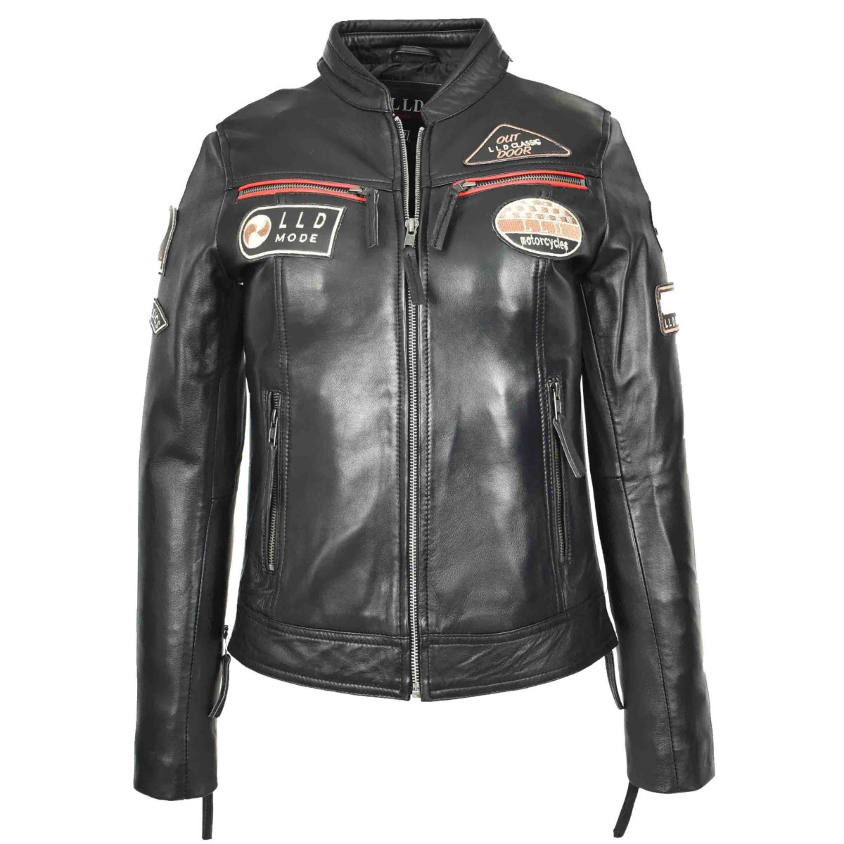 BUNERI Chaqueta Biker Cafe Racer de Cuero para Mujer con Insignias - Imagen 8