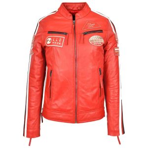Chaqueta Biker Mujer BUNERI Rojo Cafe Racer con Insignias