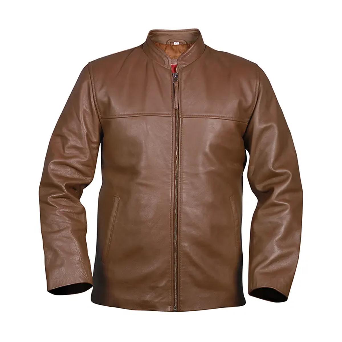 Chaqueta de motorista de cuero genuino marrón claro para hombre, estilo casual. - Imagen 3