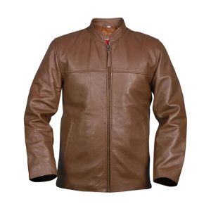 Chaqueta de motorista de cuero genuino marrón claro para hombre, estilo casual.