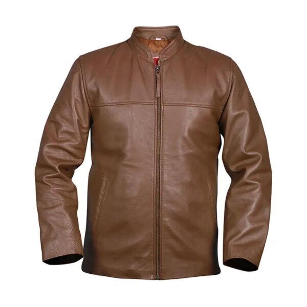 Chaqueta de motorista de cuero genuino marrón claro para hombre, estilo casual.