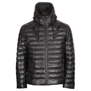 Chaqueta de piel de oveja negra con capucha para hombre