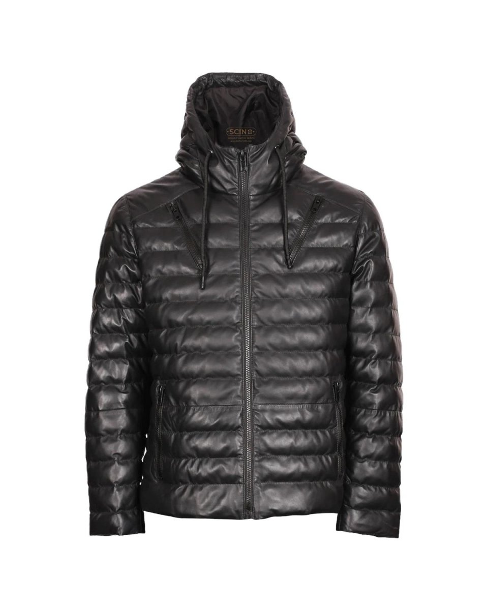 Chaqueta de piel de oveja negra con capucha para hombre