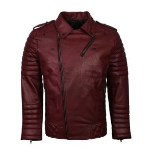Chaqueta de motorista clásica acolchada de cuero genuino para hombre en color marrón.