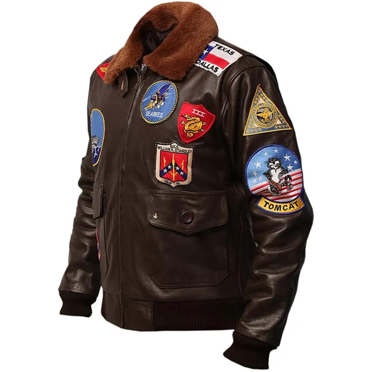 Chaqueta de piloto de combate de piel de oveja marrón para hombre - Imagen 3