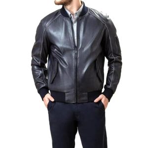 Chaqueta de aviador negra de cuero genuino para hombre