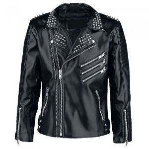 Chaqueta de motorista de cuero auténtico negro con tachuelas para hombre
