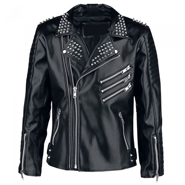 Chaqueta de motorista de cuero auténtico negro con tachuelas para hombre - Imagen 2