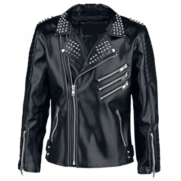 Chaqueta de motorista de cuero auténtico negro con tachuelas para hombre - Imagen 7