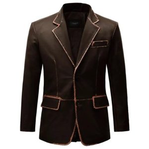 Blazer de cuero genuino marrón oscuro para hombre