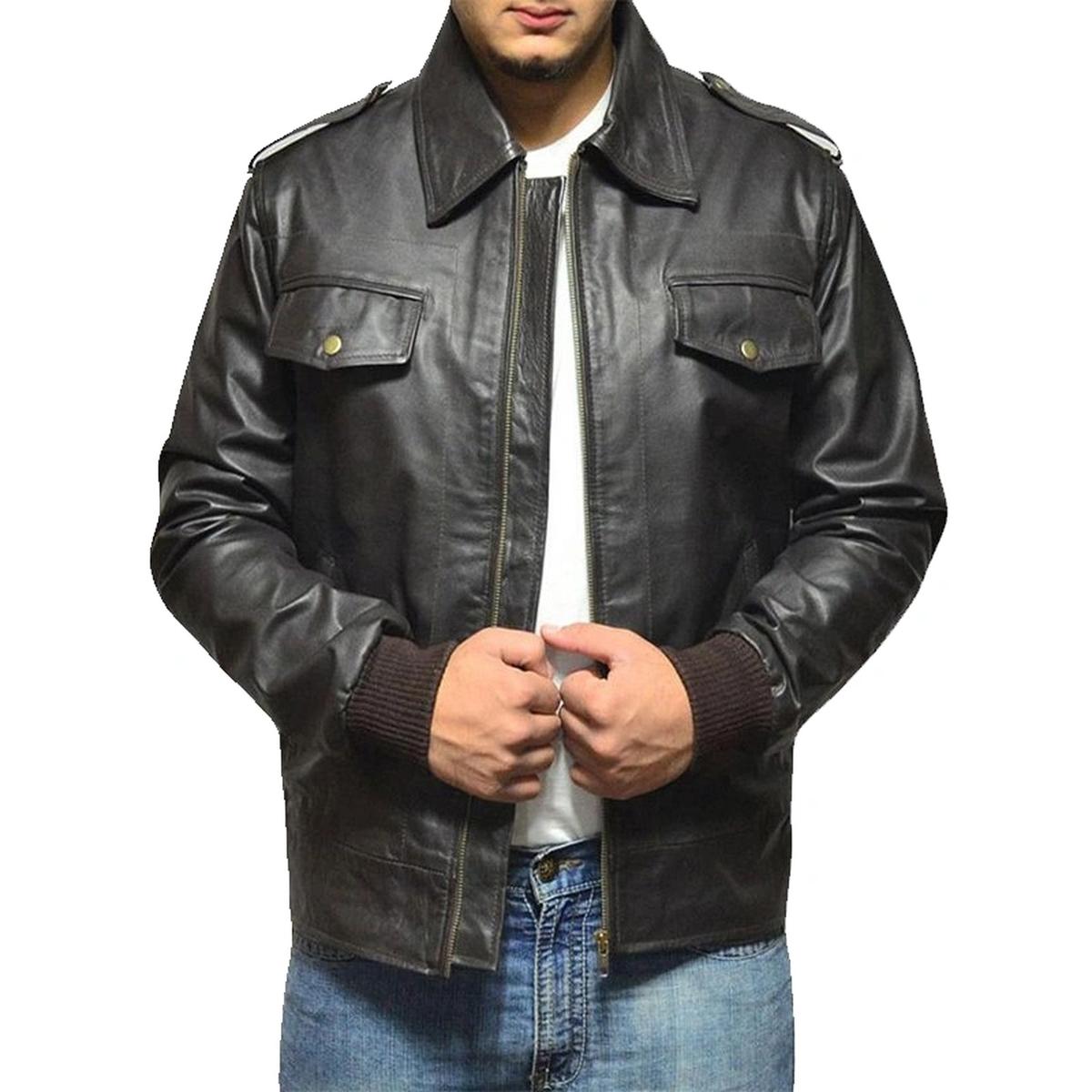 Chaqueta de aviador clásica de piel auténtica negra para hombre. - Imagen 3