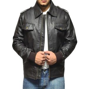 Chaqueta de aviador clásica de piel auténtica negra para hombre.