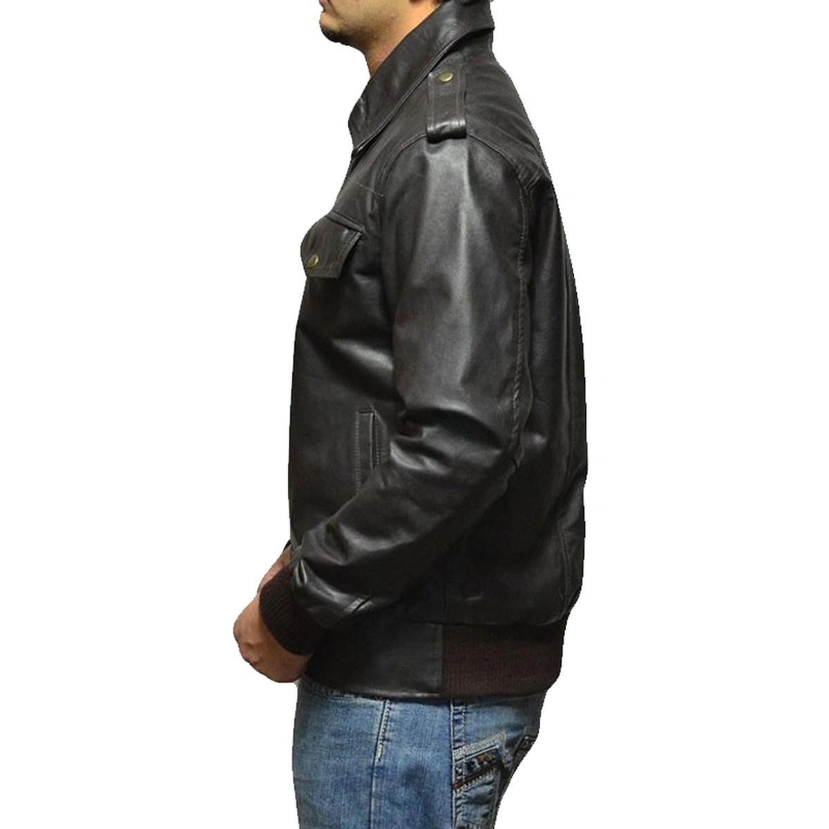 Chaqueta de aviador clásica de piel auténtica negra para hombre. - Imagen 5