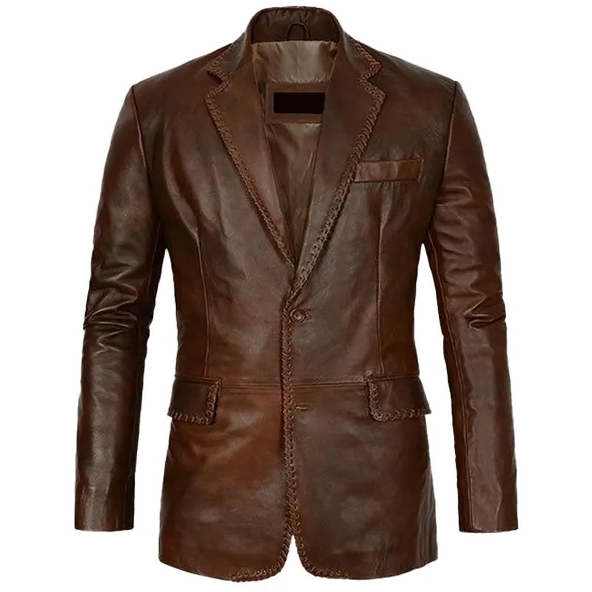 Elegante blazer de cuero genuino marrón oscuro para hombre. - Imagen 4