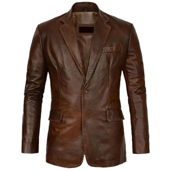 Elegante blazer de cuero genuino marrón oscuro para hombre.