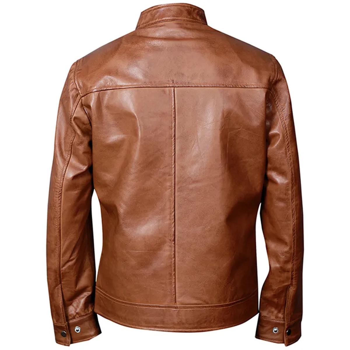 Chaqueta de motorista de cuero iónico marrón auténtico para hombre - Imagen 5