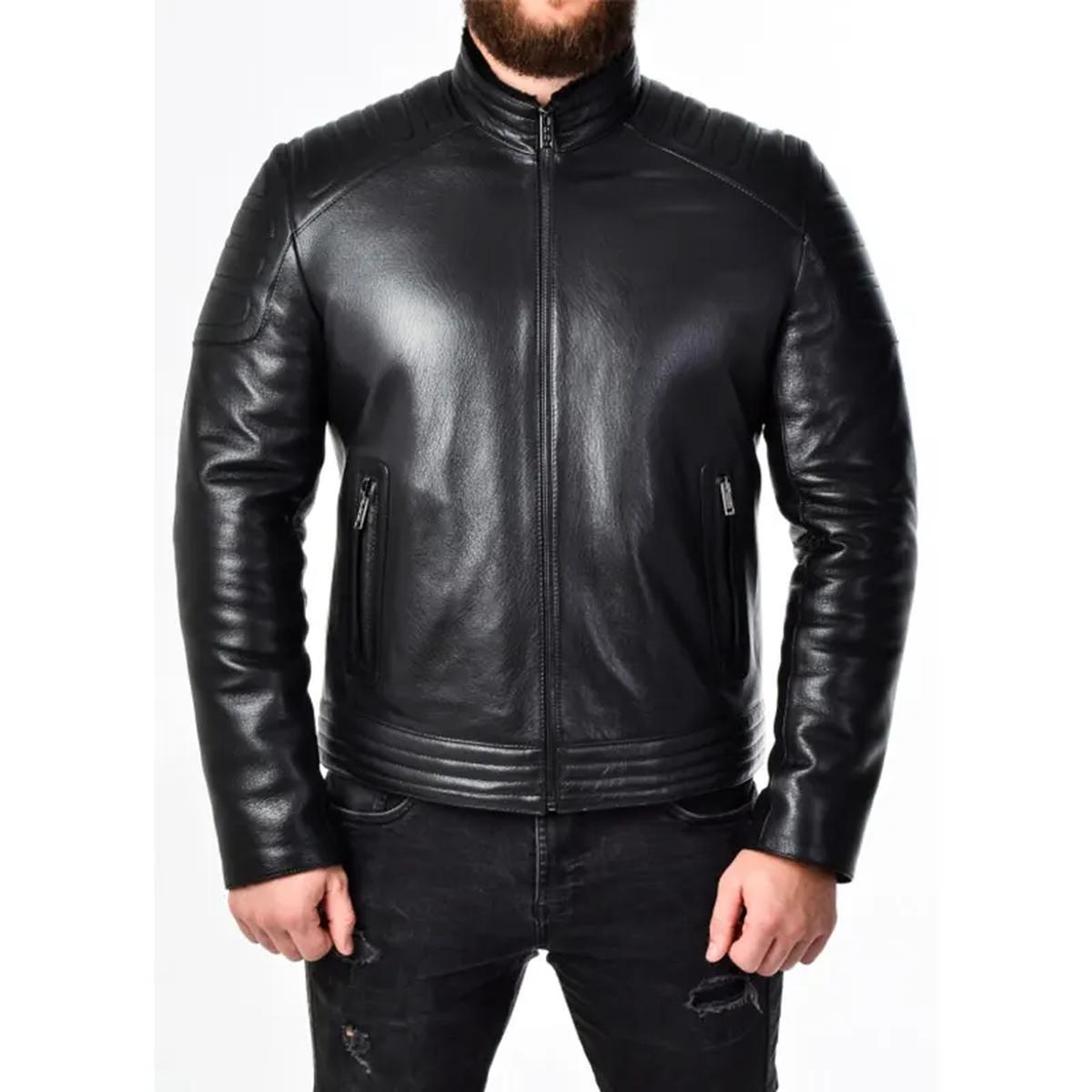Chaqueta de motorista negra acolchada de cuero auténtico para hombre – Corte Slim - Imagen 3