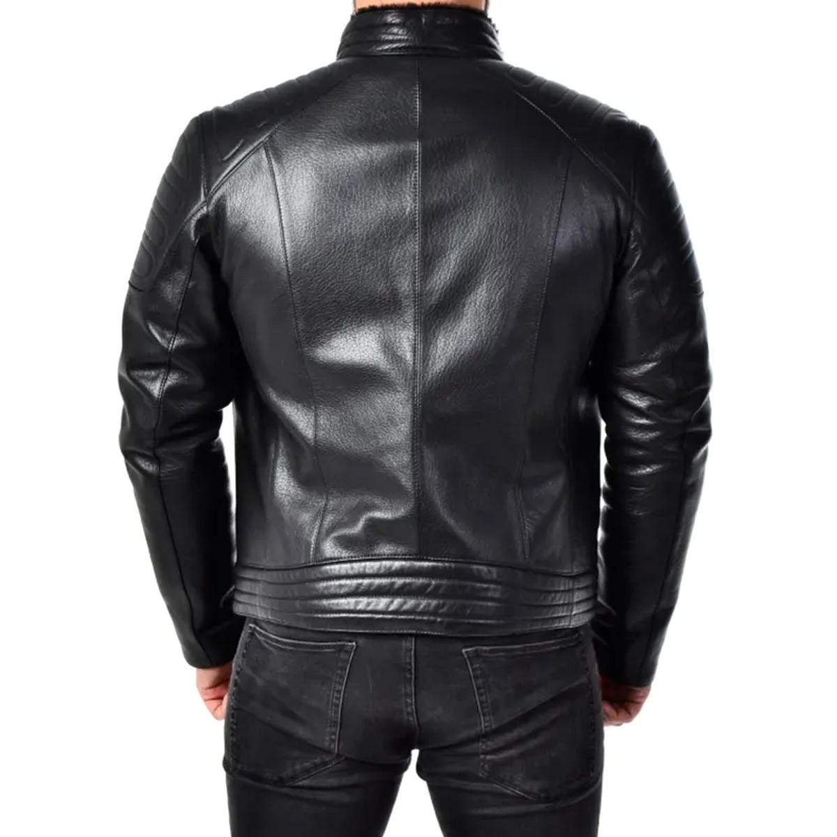 Chaqueta de motorista negra acolchada de cuero auténtico para hombre – Corte Slim - Imagen 4