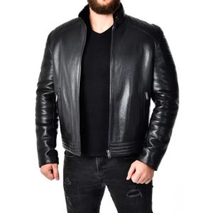 Chaqueta de motorista negra acolchada de cuero auténtico para hombre – Corte Slim
