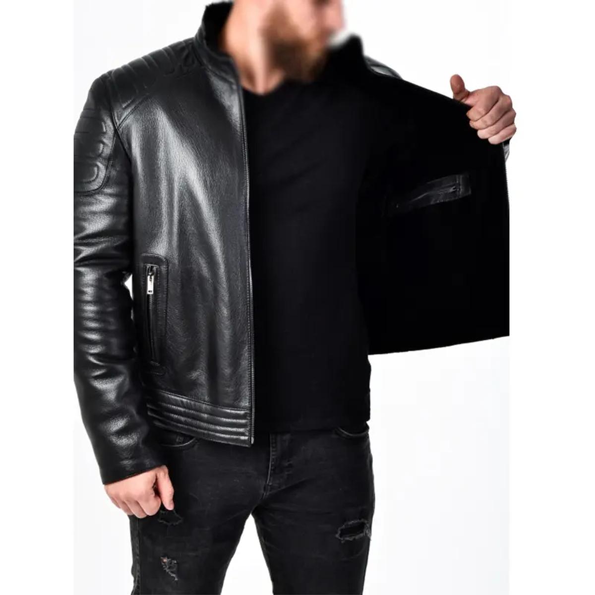 Chaqueta de motorista negra acolchada de cuero auténtico para hombre – Corte Slim - Imagen 6