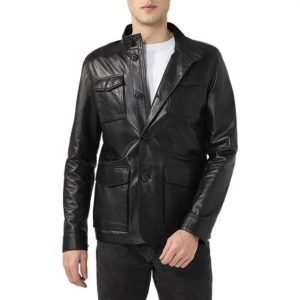 Chaqueta de hombre de piel auténtica negra con bolsillos con solapa.