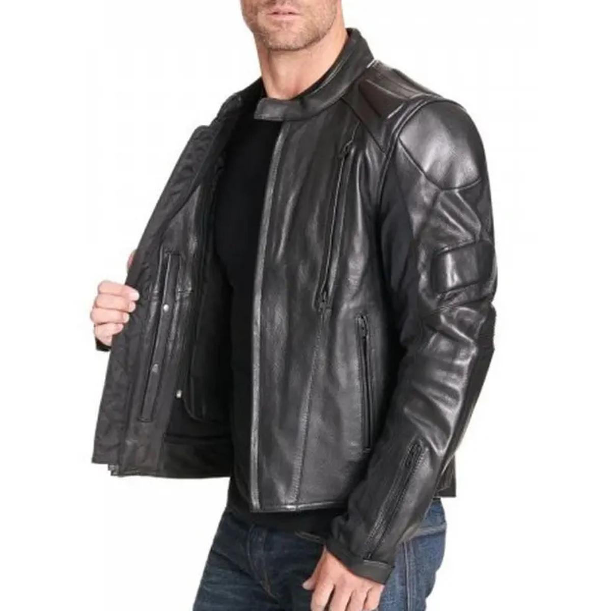 Chaqueta de motorista negra acolchada de cuero auténtico para hombre - Imagen 3