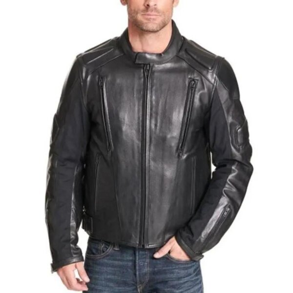 Chaqueta de motorista negra acolchada de cuero auténtico para hombre