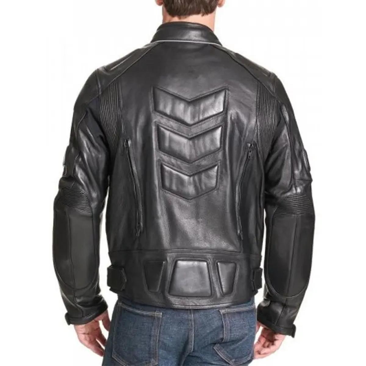 Chaqueta de motorista negra acolchada de cuero auténtico para hombre - Imagen 5