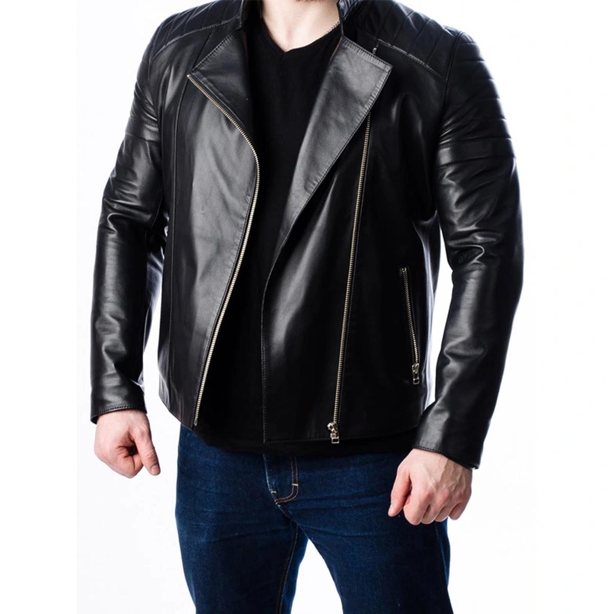 Chaqueta de motorista acolchada de cuero auténtico para hombre - Imagen 3