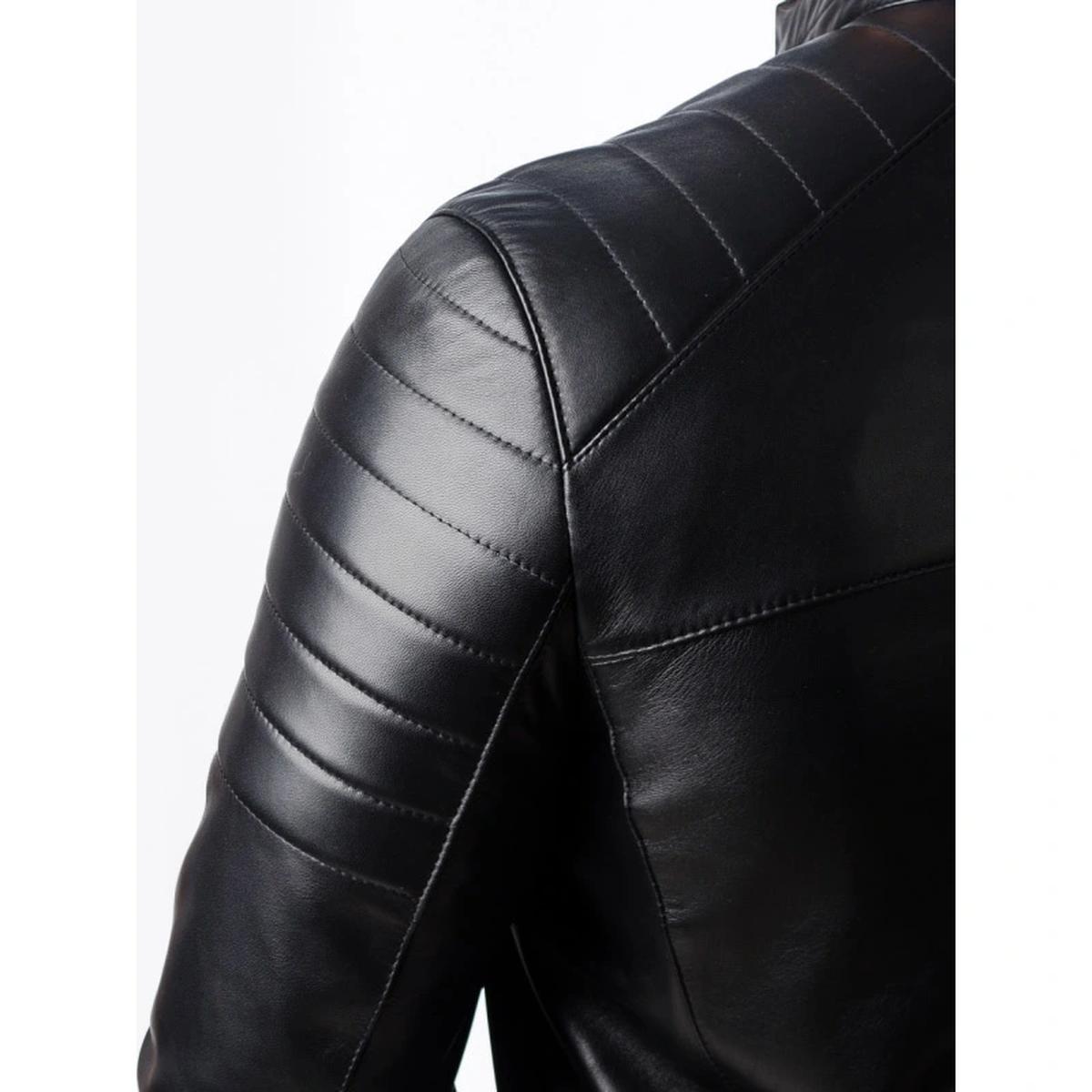 Chaqueta de motorista acolchada de cuero auténtico para hombre - Imagen 4