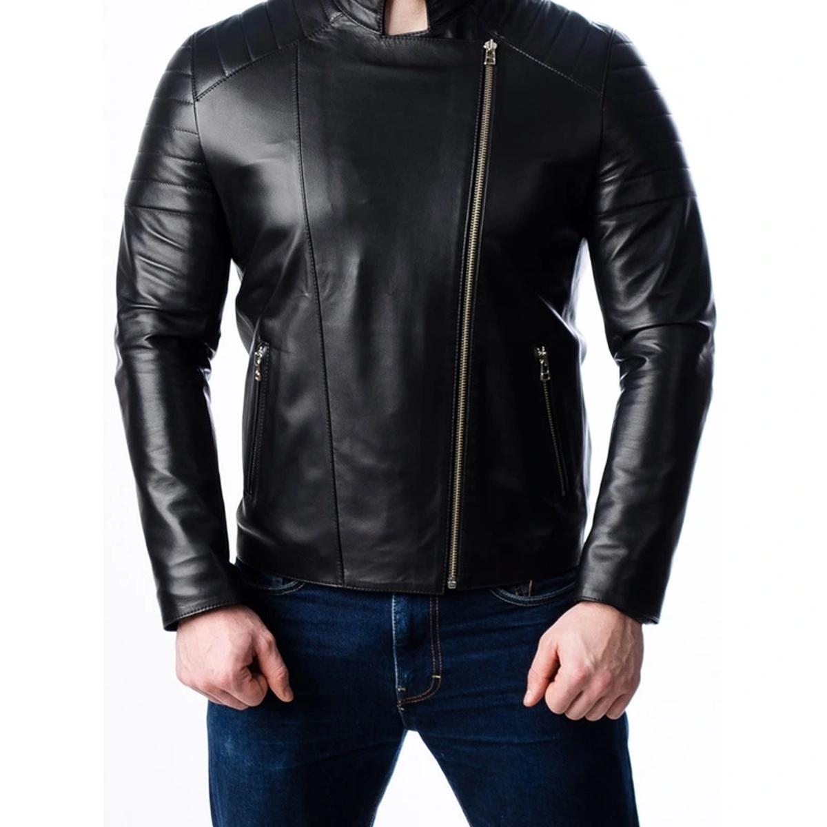 Chaqueta de motorista acolchada de cuero auténtico para hombre - Imagen 5