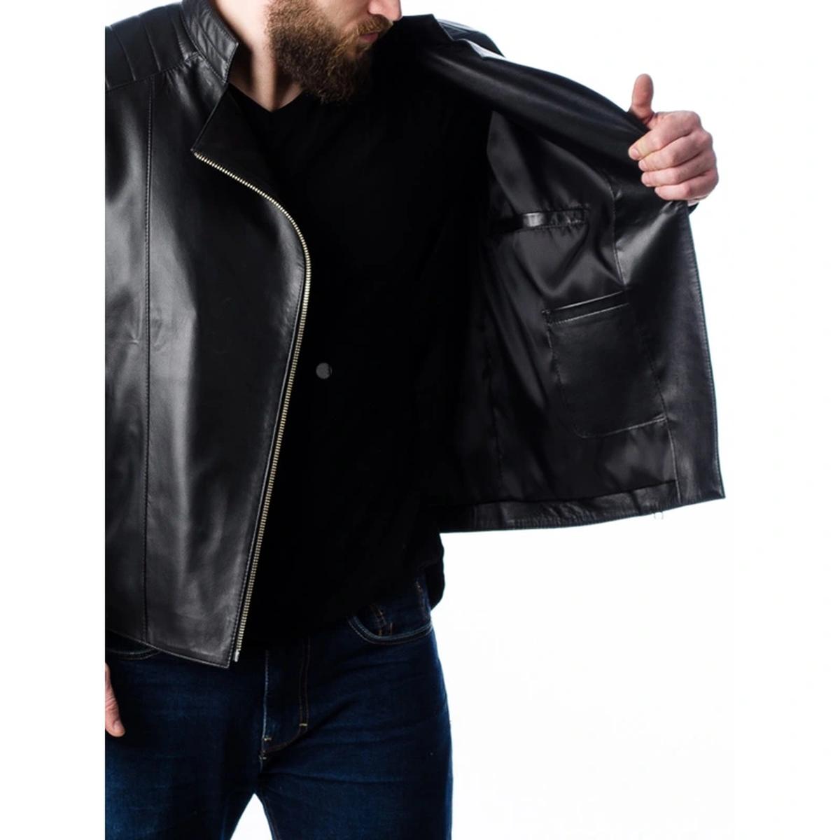 Chaqueta de motorista acolchada de cuero auténtico para hombre - Imagen 7