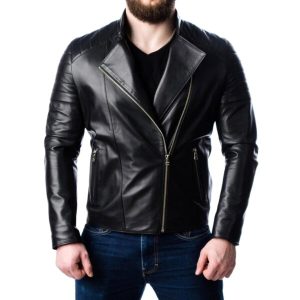 Chaqueta de motorista acolchada de cuero auténtico para hombre