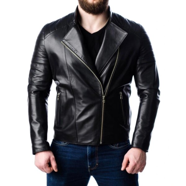 Chaqueta de motorista acolchada de cuero auténtico para hombre - Imagen 2