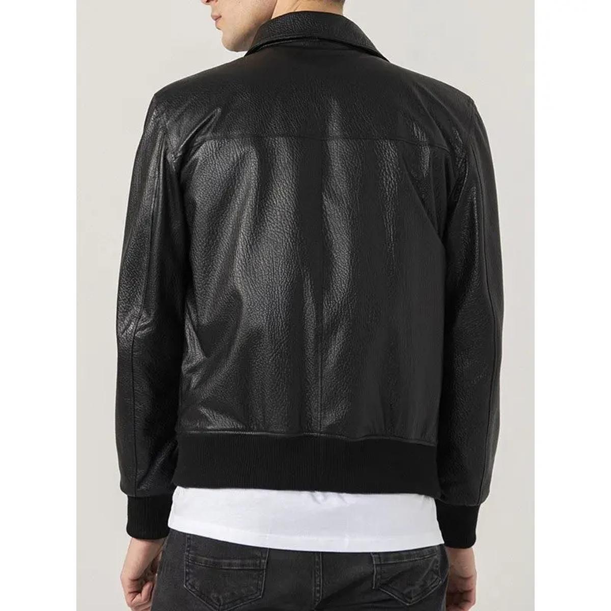Chaqueta de hombre de piel auténtica negra con cuello de camisa. - Imagen 3