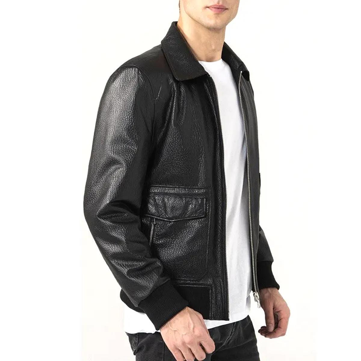 Chaqueta de hombre de piel auténtica negra con cuello de camisa. - Imagen 4