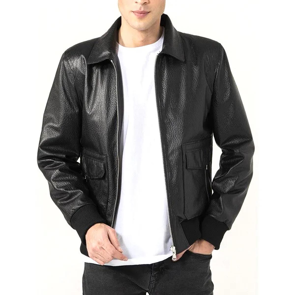 Chaqueta de hombre de piel auténtica negra con cuello de camisa. - Imagen 5