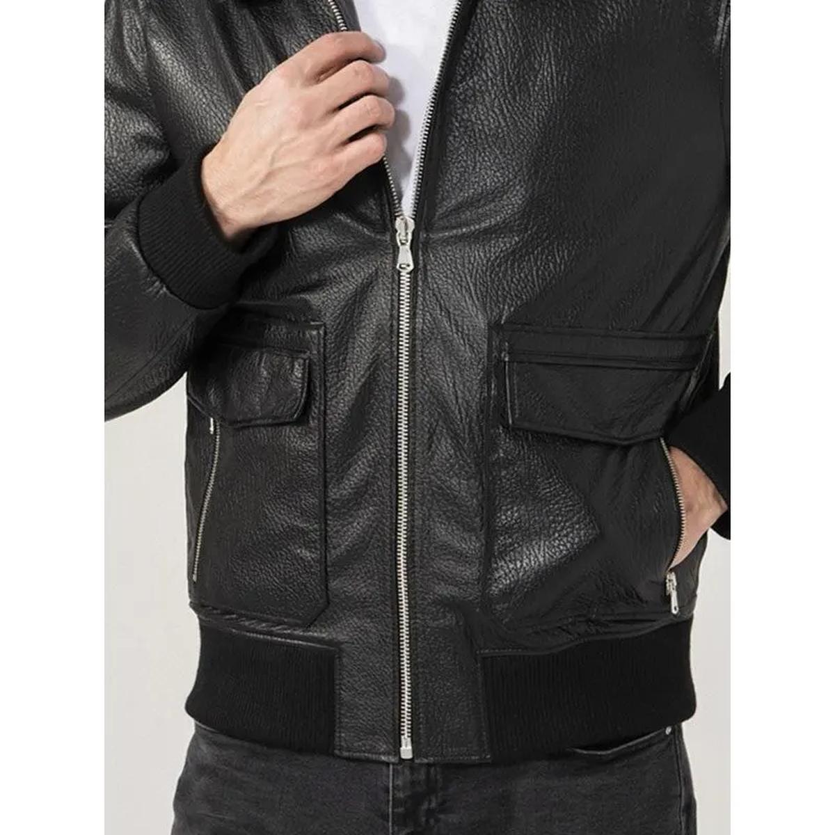 Chaqueta de hombre de piel auténtica negra con cuello de camisa. - Imagen 6