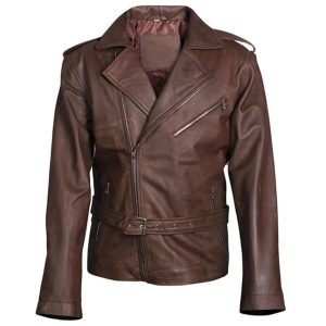 Chaqueta de moto de cuero genuino marrón para hombre – con Cierre Cruzado