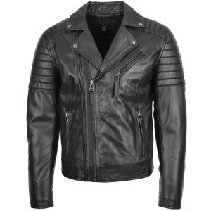 BUNERI Biker de Cuero Negro con Doble Cremallera y Gancho para Hombre