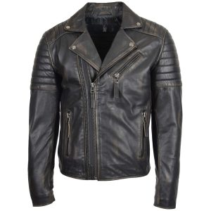 BUNERI Biker de Cuero Negro con Doble Cremallera y Acabado Rub-Off