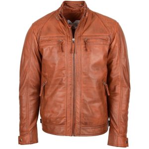 BUNERI Chaqueta Biker Hombre de Cuero con Cuello Alzado en Coñac y Tostado