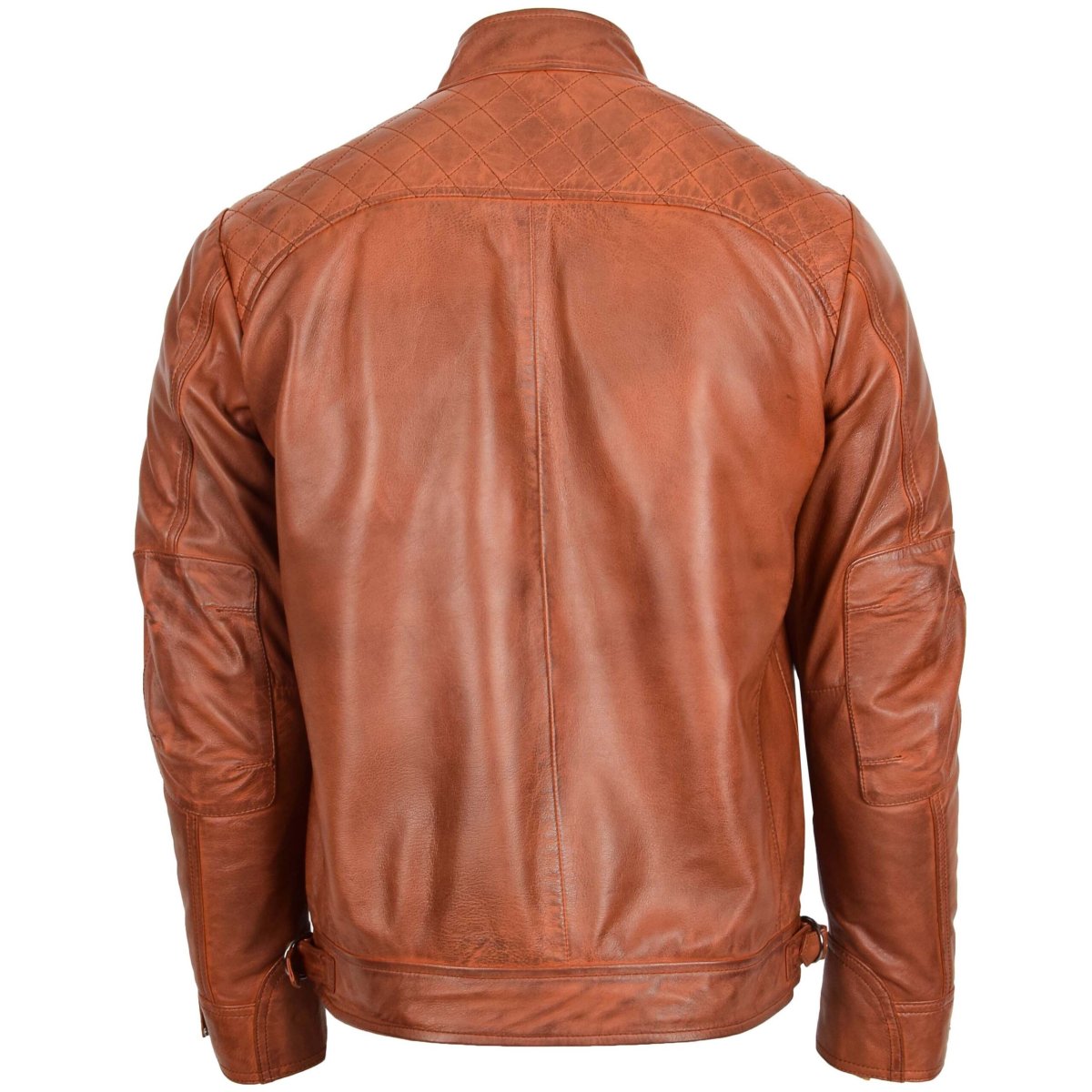 BUNERI Chaqueta Biker Hombre de Cuero con Cuello Alzado en Coñac y Tostado - Imagen 3