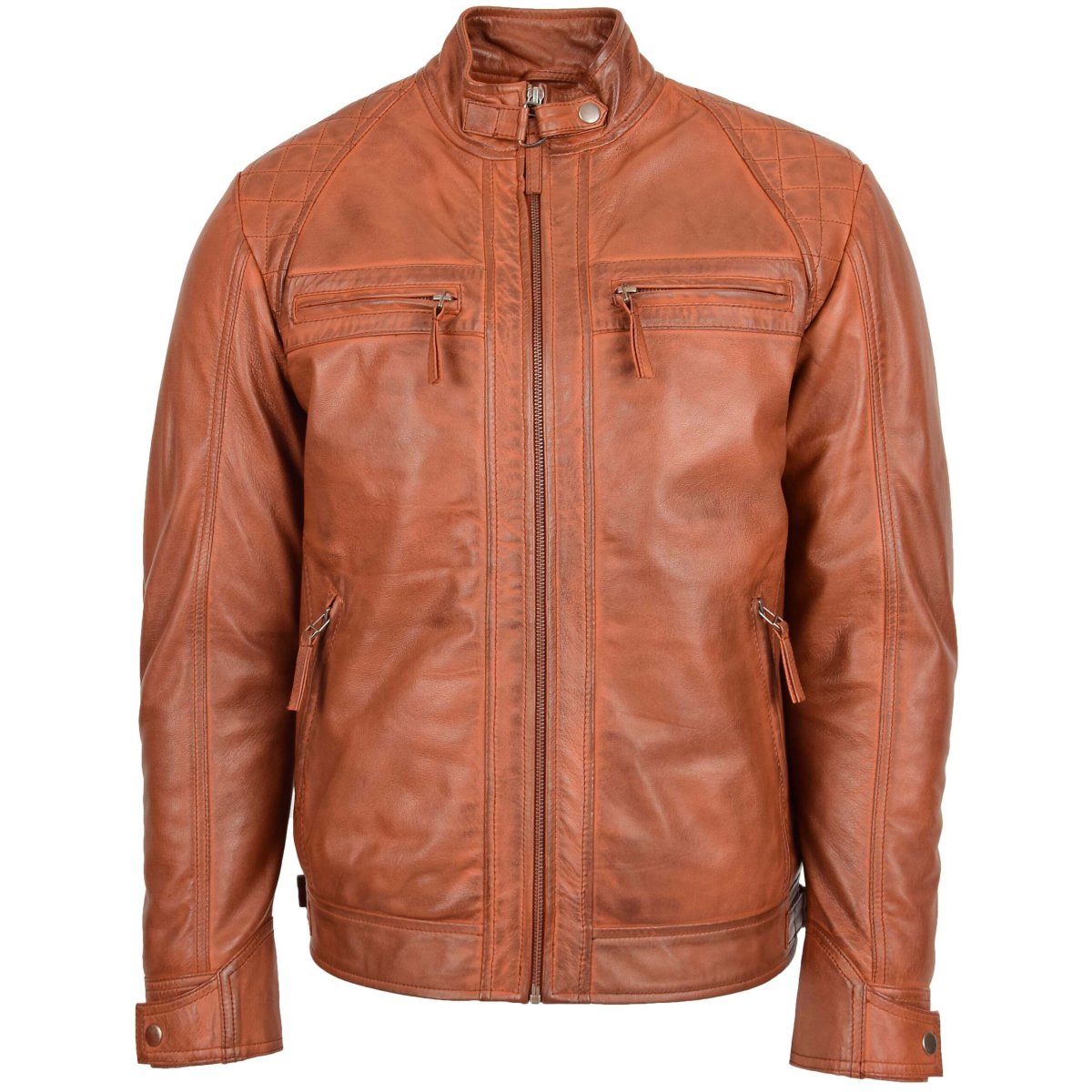 BUNERI Chaqueta Biker Hombre de Cuero con Cuello Alzado en Coñac y Tostado - Imagen 4