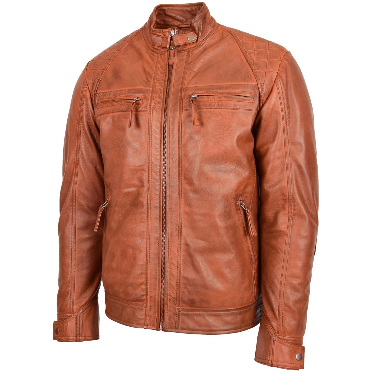 BUNERI Chaqueta Biker Hombre de Cuero con Cuello Alzado en Coñac y Tostado - Imagen 5