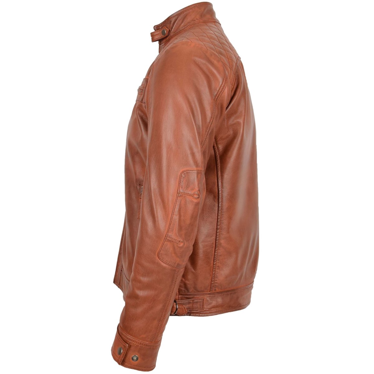 BUNERI Chaqueta Biker Hombre de Cuero con Cuello Alzado en Coñac y Tostado - Imagen 6