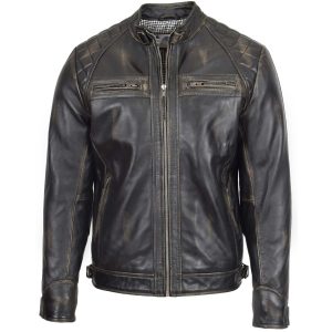 BUNERI Chaqueta Biker de Cuero Rub-Off Vintage para Hombre Cuello Alto