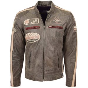 BUNERI Biker de Cuero Kurt Marrón con Insignias Hombre